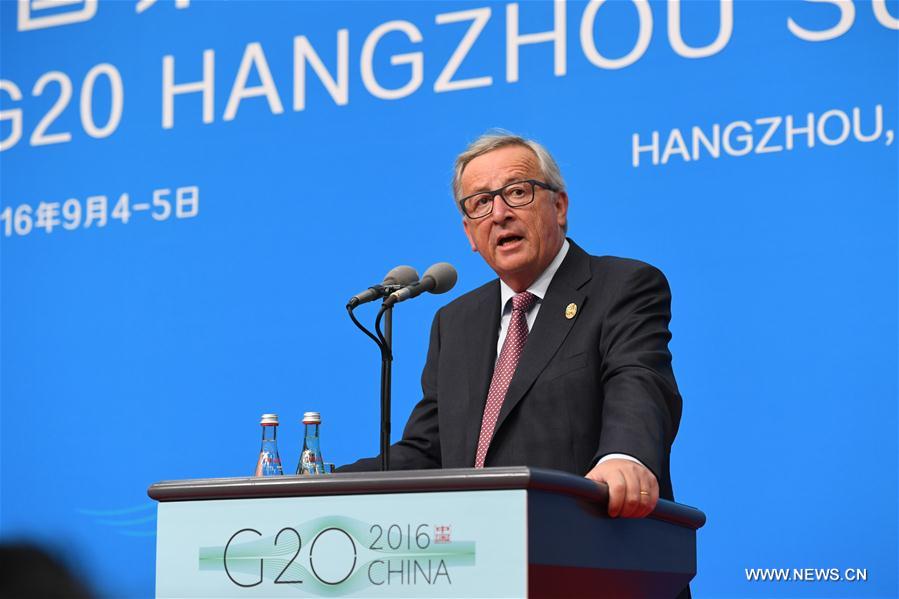 European Commission President Jean-Claude Juncker (R) speaks during the EU Delegation press conference of the G20 Summit in Hangzhou, capital of east China's Zhejiang Province, Sept. 4, 2016. (Xinhua/Li He) European Commission President Jean-Claude Juncker (R) speaks during the EU Delegation press conference of the G20 Summit in Hangzhou, capital of east China's Zhejiang Province, Sept. 4, 2016. (Xinhua/Li He)