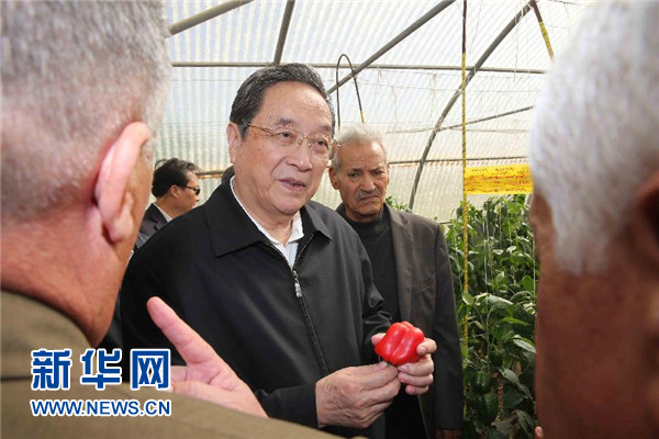 11月8日，正在約旦進行正式友好訪問的全國政協主席俞正聲在約旦河谷參觀碩果農業合作社。 新華社記者 劉衛兵 攝 