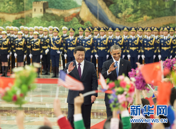 11月12日，國家主席習近平在北京人民大會堂舉行歡迎儀式，歡迎美國總統奧巴馬對中國進行國事訪問。 新華社記者 黃敬文 攝