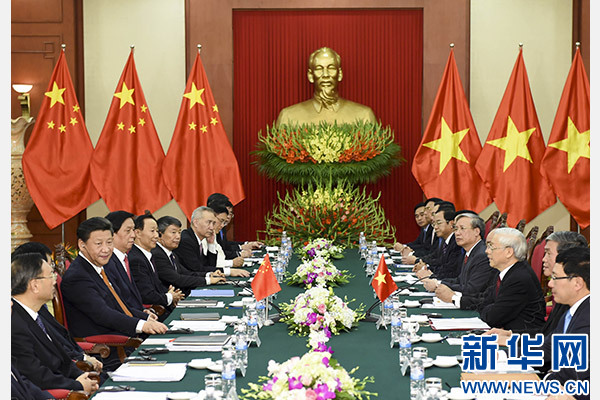 11月5日，中共中央總書記、國家主席習近平在河內同越共中央總書記阮富仲舉行會談。 新華社記者李學仁攝